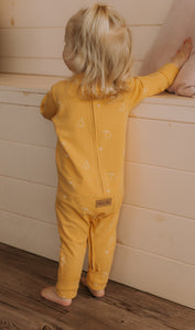 Grow-with-me yellow with pear print onesie 