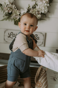 Grow-with-me pastel blue ribbed bamboo short overall