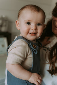 Grow-with-me pastel blue ribbed bamboo short overall