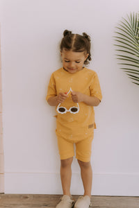 Grow-with-me yellow t-shirt with pear print