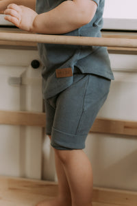 Grow-with-me pastel blue ribbed bamboo shorts