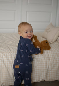 Grow-with-me marine blue with polar bear print onesie 