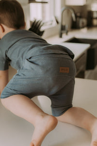 Grow-with-me pastel blue ribbed bamboo shorts