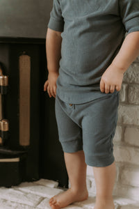 Grow-with-me pastel blue ribbed bamboo shorts