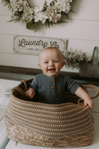 Grow-with-me pastel blue ribbed bamboo short onesie