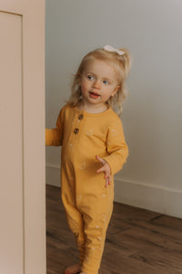 Grow-with-me yellow with pear print onesie 